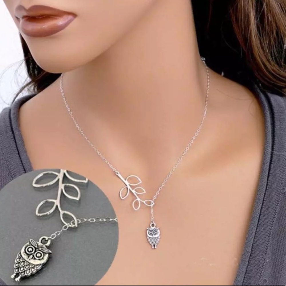 Silver Tone Baby Owl & Leaf Branch Lariat Necklace - Picture 3 of 3